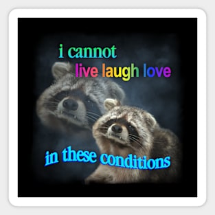 I cannot live laugh love in these conditions raccoon meme Magnet